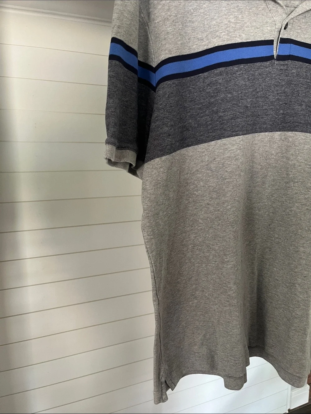 Banana Republic Men’s Gray Polo with Navy and Royal Blue Stripes